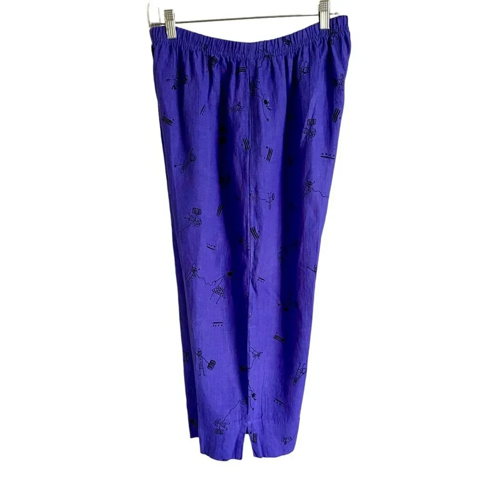 Whimsical Stick Figures Elastic Waist Capris Pants Purple with Pockets Size XL